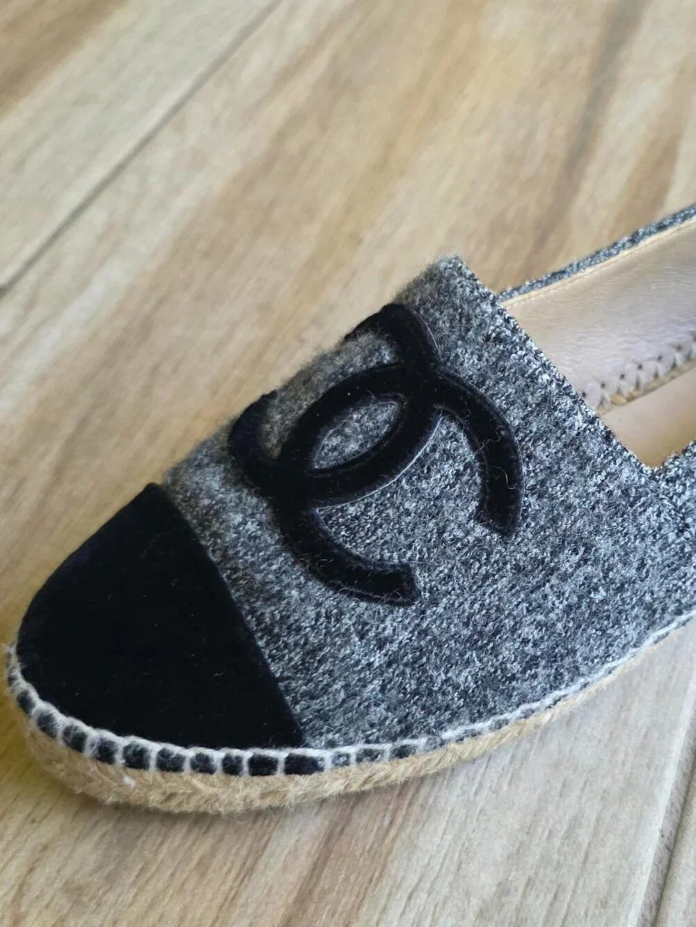 CHANEL Grey Espadrilles CC Black Velvet Grey Tweed Shoe Eur. 37